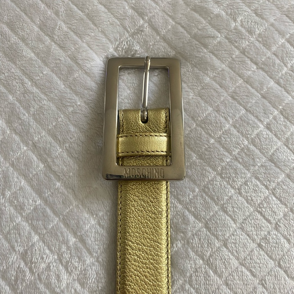 Moschino Metallic Gold Leather Belt with Silver Buckle Size 44
